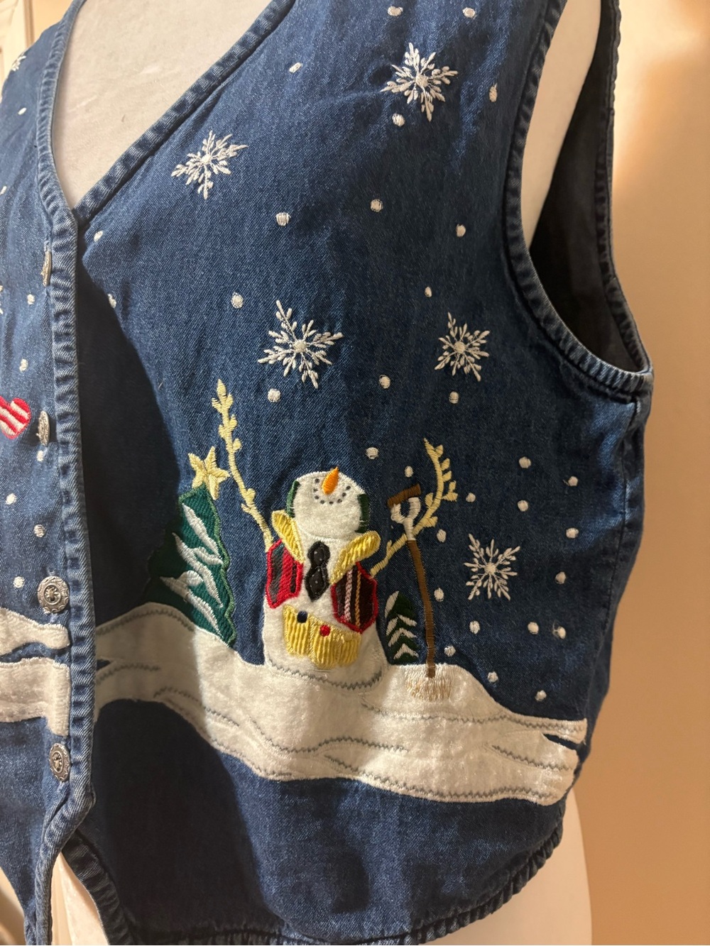 Vintage Christmas Snowman Denim Vest women’s size Large - Picture 2 of 7